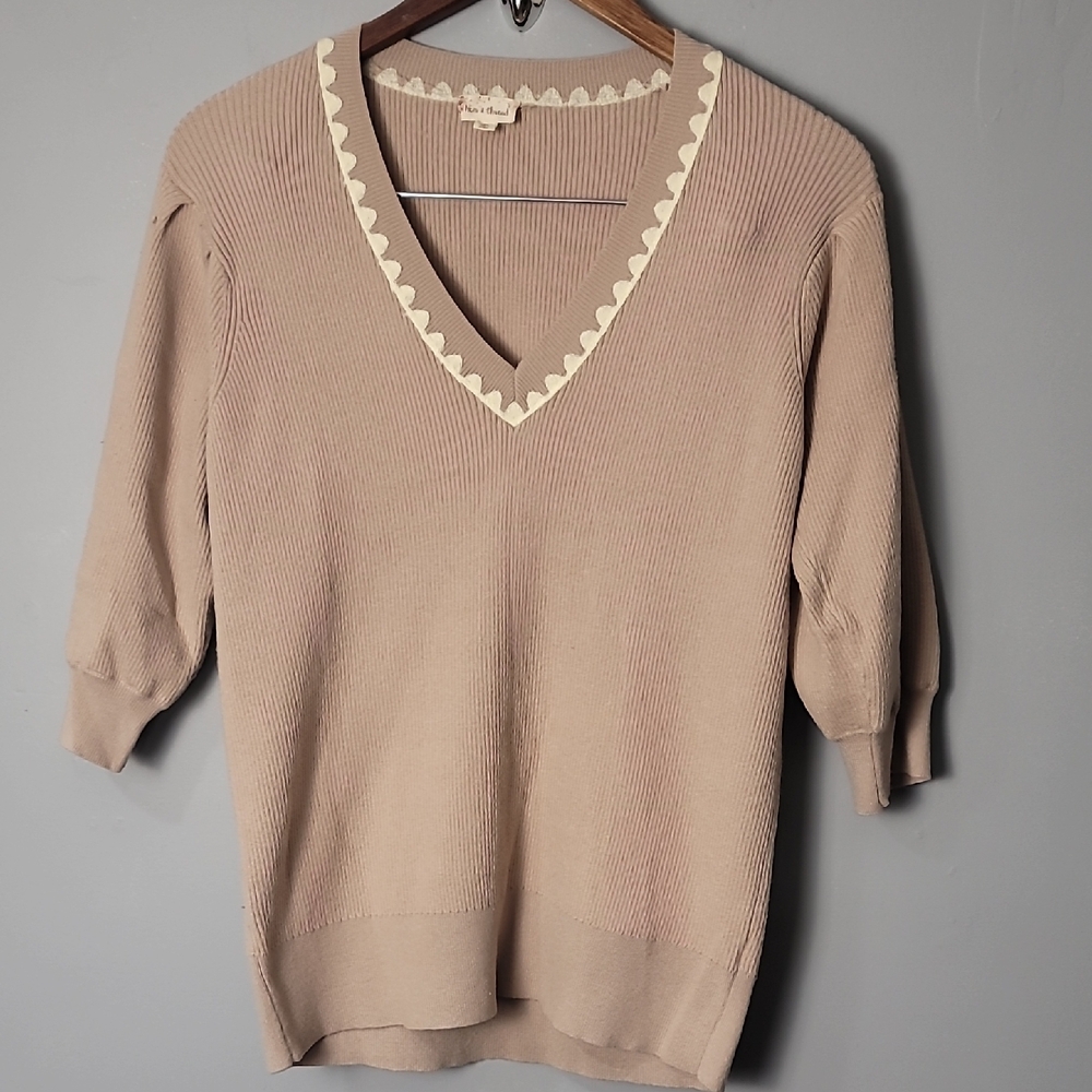 Hem & Thread Tan V-Neck Sweater with Ribbed Knit Texture